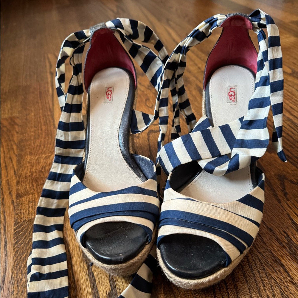 UGG Striped Navy and White Espadrille Wedges